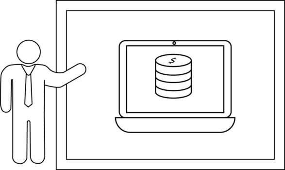 un palo figura regalos un ordenador portátil mostrando un apilar de monedas dentro un enmarcado ajuste vector