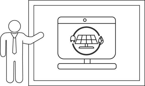 Line art shows a figure pointing to a monitor displaying a solar panel a plug and a leaf within a circular design vector