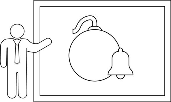 Line drawing of a person gesturing toward a bomb and a bell inside a framed rectangle vector