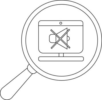 Magnifying glass focuses on computer with muted speaker icon vector