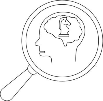 A head profile with a brain containing a chess knight all under a magnifying glass vector