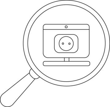 Magnifying glass focuses on a monitor with a camera simple black line art vector