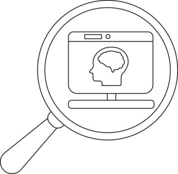 A magnifying glass enlarges a computer screen displaying a brain in a human head profile vector