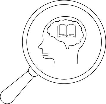 A magnifying glass focuses on a heads profile revealing a brain with an open book inside vector