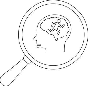 A line art of a head a brain and a running figure inside a magnifying glass vector