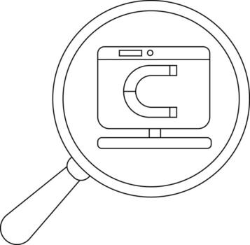 A magnifying glass focuses on a computer monitor displaying a horseshoe magnet vector