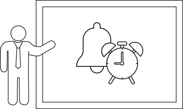 Outline of a man presenting a whiteboard with a bell and alarm clock icon on it vector