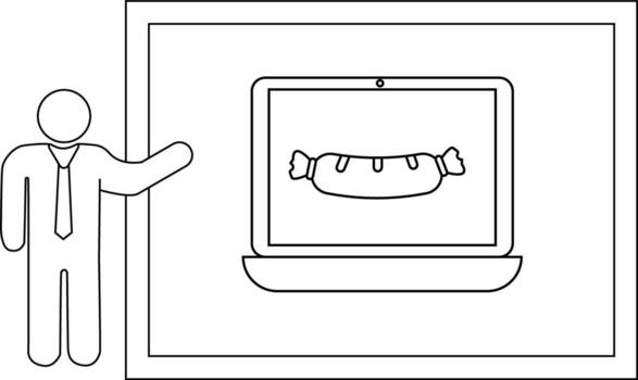 un persona gestos hacia un ordenador portátil mostrando un imagen de un salchicha en un pizarron vector
