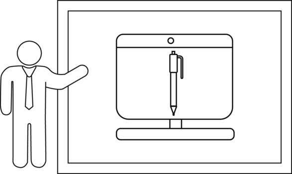 palo figura gestos junto a un monitor con un bolígrafo adjunto por un enmarcado fondo vector