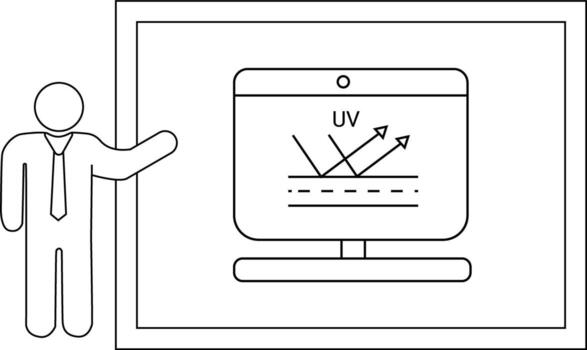 A person gesturing towards a monitor showing UV and arrows vector