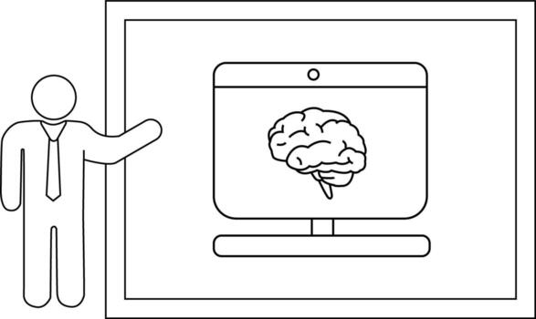 A stick figure presents a brain image on a computer screen framed by a border vector