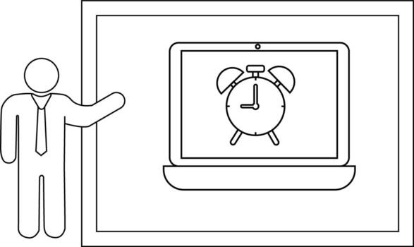 A stick figure presents a laptop displaying an alarm clock set within a framed border vector