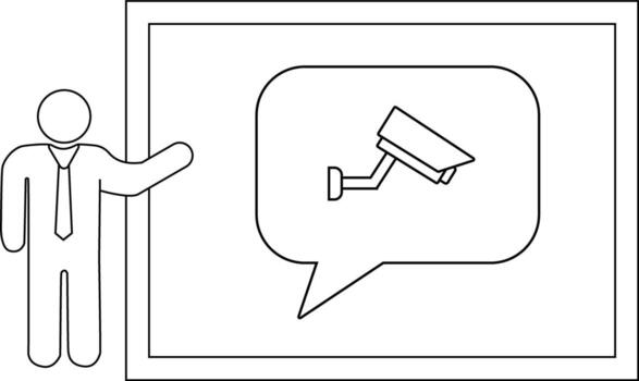 contorno dibujo presentador puntos a un tablero mostrando un seguridad cámara en un habla burbuja vector