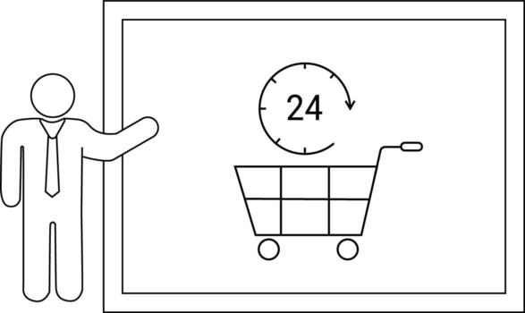 Illustration of a presenter beside a whiteboard with a shopping cart and 24 inside a circular arrow vector