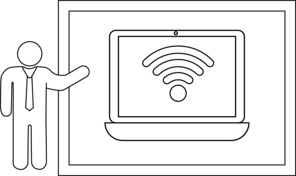 A stick figure presenting a laptop with a WiFi symbol on the screen framed in a square vector