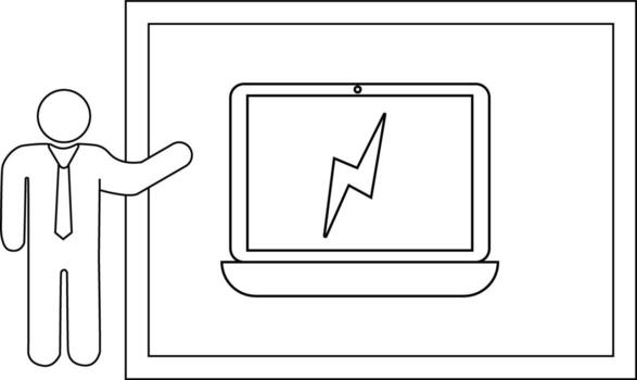 palo figura presentación un ordenador portátil con un relámpago tornillo en un pantalla enmarcado dentro un frontera vector