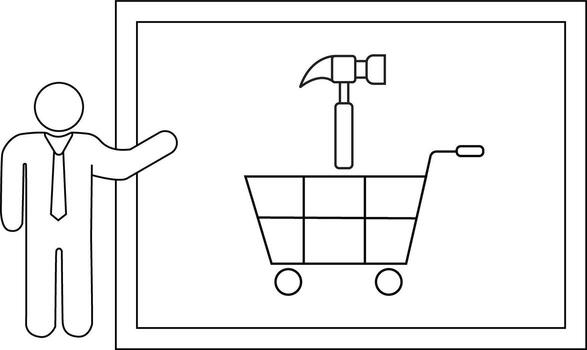 Presenter gestures towards a framed image of a shopping cart with a hammer in it vector
