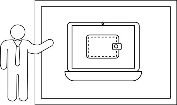 A person points to a laptop on a screen displaying a wallet icon vector