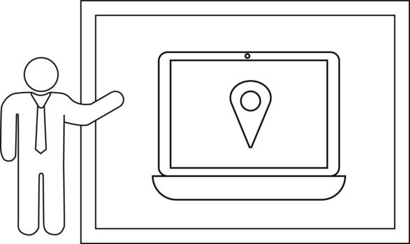 Person presenting a laptop displaying a location pin on screen set against a framed background vector