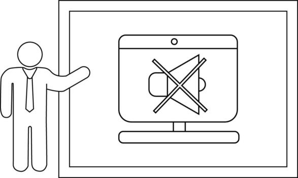 Man gesturing to screen with muted speaker icon on it vector