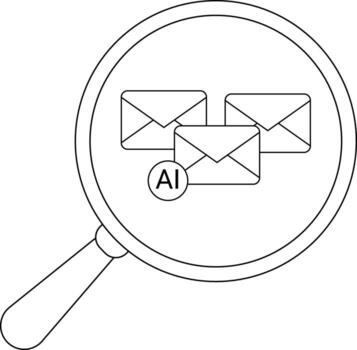 Three envelopes one labeled AI are shown through a magnifying glass highlighting the concept of artificial intelligence emails vector