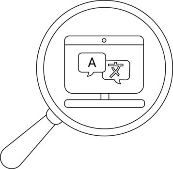 Magnifying glass revealing a computer screen with translation speech bubbles displayed vector