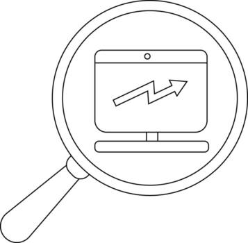 A magnifying glass highlights a computer monitor displaying a rising graph vector