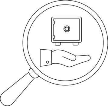 A magnifying glass focuses on a safe hovering over a hand symbolizing security vector