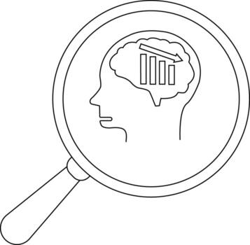 Outline of a magnifying glass focusing on a head profile with a decreasing bar graph inside the brain vector