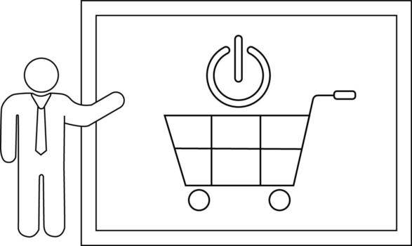 A simple diagram shows a figure presenting a shopping cart with a power button above it within a framed display vector