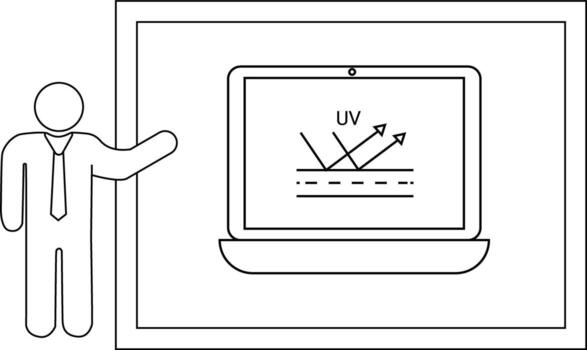 A person gesturing toward a screen displaying a UV reflection diagram in a framed setting vector