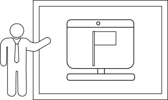 palo figura presentador con Corbata junto a un pantalla mostrando un bandera símbolo en un rectangular marco vector