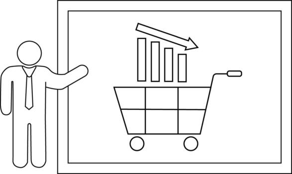 A figure stands by a chart of declining bars in a shopping cart with a downward arrow indicating loss vector