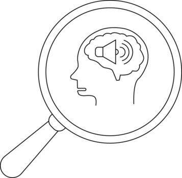 A magnifying glass focuses on a head profile with a brain containing a speaker and sound waves vector