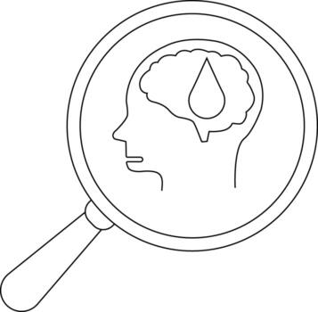 A magnifying glass focusing on a profile of a head with a brain and teardrop vector