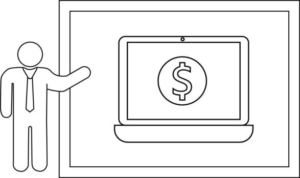 Figura de palo hombre señalando a un ordenador portátil demostración un dólar firmar dentro un rectangular marco vector