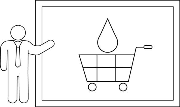 presentador soportes junto a un pizarron con un compras carro y gota de agua dibujado en eso vector