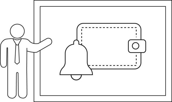 Stick figure presents a notification bell by a wallet framed in a display vector
