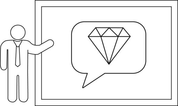 Figure gesturing to screen displaying diamond in speech bubble outline vector