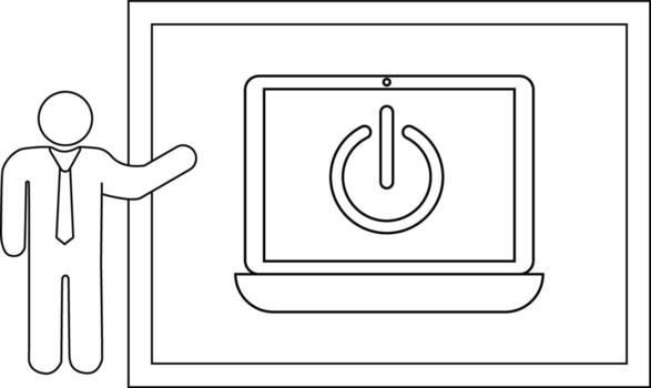 A stick figure presents a laptop with a power icon displayed on its screen within a rectangular frame vector