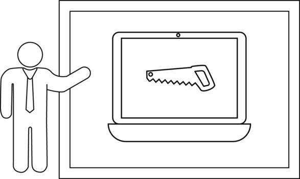 imagen muestra un ordenador portátil en un tablero con un palo figura gesticulando hacia eso mostrando un Sierra icono en el pantalla vector
