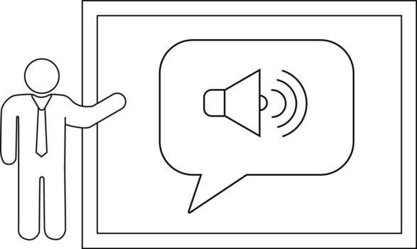 Stick figure presents a whiteboard featuring a speech bubble containing a speaker icon with sound waves vector