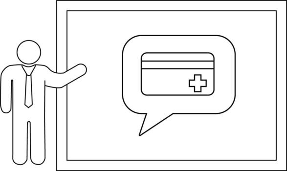 A stickfigure person points at a diagram of a medical card within a speech bubble on a presentation board vector