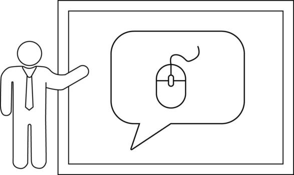Stick figure points to a screen showing a mouse in a speech bubble vector