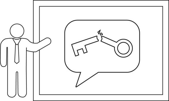 A stick figure presents a speech bubble containing a broken key against a framed backdrop vector