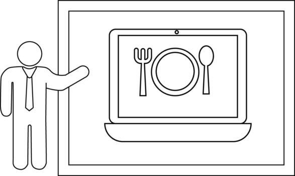 A stick figure gestures toward a laptop displaying a plate fork spoon within a framed rectangle vector