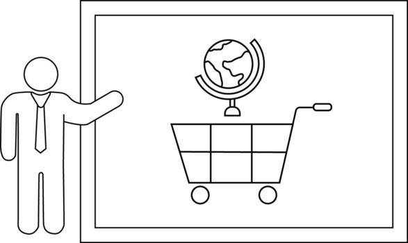 A diagram of a figure standing next to a frame with a globe on a shopping cart inside it vector