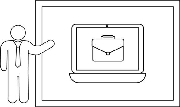 línea Arte muestra un persona señalando a un ordenador portátil en un enmarcado tablero mostrando un maletín icono vector
