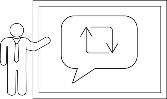 Man points to a board showing arrows pointing up down in a speech bubble in a frame vector