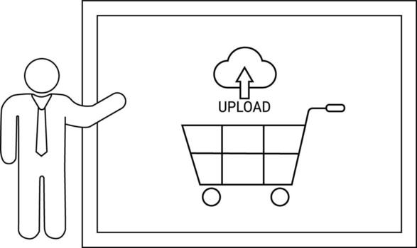 Man presents a whiteboard featuring an upload cloud above a shopping cart vector